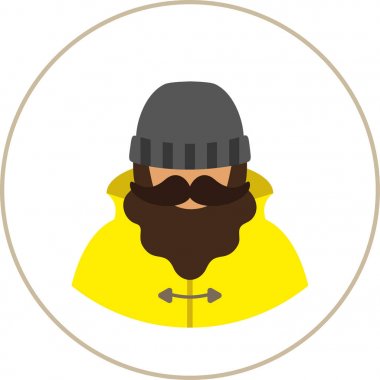 balıkçı/denizci adam düz simgesi - bıyık sakal giyen bir adamla bir trençkot yağmurluk ve örgü şapka içinde. Kartı, poster, afiş, web tasarım için şablon