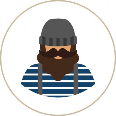 balıkçı/gemici Icon - içinde bir yelek ve tulum (tulum) sakallı bıyıklı bir adam düz ve şapka örgü. Kartı, poster, afiş, web tasarım için şablon