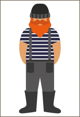 balıkçı/denizci adam düz simgesi - içinde bir yelek ve tulum (tulum) sakallı bıyıklı bir adam çizme ve şapka örgü. Kartı, poster, afiş, web tasarım için şablon