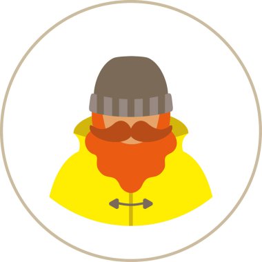 balıkçı/sailorman düz simgesi - bıyık sakal giyen bir adamla bir bir trençkot yağmurluk çizme ve şapka örgü. Infographic, kart, poster, afiş, web tasarım için şablon