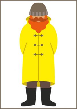 balıkçı/sailorman düz simgesi - bıyık sakal giyen bir adamla bir bir trençkot yağmurluk çizme ve şapka örgü. Kartı, poster, afiş, web tasarım için şablon