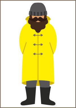 balıkçı/sailorman düz simgesi - bıyık sakal giyen bir adamla bir bir trençkot yağmurluk çizme ve şapka örgü. Kartı, poster, afiş, web tasarım için şablon