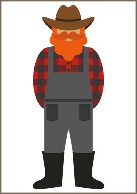 Çiftçi/alt düz simgesi - bıyık sakal giyen bir adamla bir ekose gömlek, tulum (tulum), bot ve şapka. Kartı, poster, afiş, web tasarım için şablon
