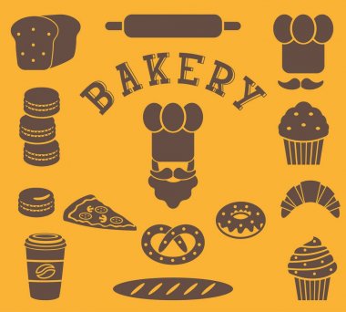 izole - fırın düz öğeleri kümesi baker kişi, şef şapkasını, bıyık, ekmek, baget, somun, oklava, pasta, macarons, kruvasan, maffin. Kartı, poster, afiş, web tasarım için şablon