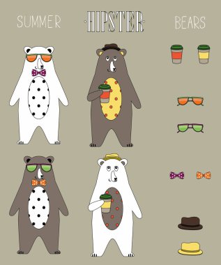 hipster yaz ayı düz (takas olabilir) aksesuarları ile kümesi. Vintage tasarım hipster simgeler, işaret ve sembolleri şablonları tasarımınız için tarz. dizi güneş gözlüğü, kahve, kamera, şapka, papyon