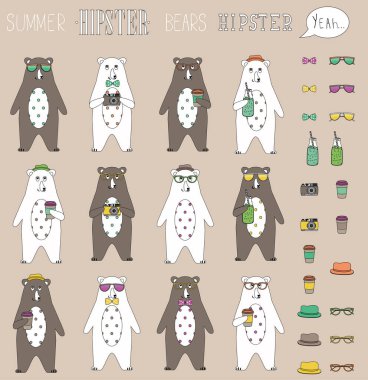 hipster yaz ayı düz (takas olabilir) aksesuarları ile kümesi. Vintage tasarım hipster simgeler işaret ve sembolleri şablonları tasarımınız için tarz. Dizi güneş gözlüğü, kahve, kamera, şapka, smoothies
