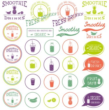 simgeler, logo, öğeleri, semboller, amblem ve etiketleri - güler yüzlü, kahve frappe, meyve suyu, meyve kokteyli, limonata, mason kavanoza, diğer taze içecekler, şişe gitmek kümesi. Çok renkli ve beyaz.