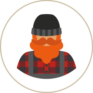 Çiftçi/alt düz simgesi - bıyık sakal giyen bir adamla bir ekose gömlek tulum (tulum), çizme ve şapka örgü. Kartı, poster, afiş, web tasarım için şablon