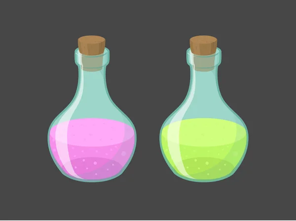 Magiska flaskor med rosa och grön vätska — Stock vektor