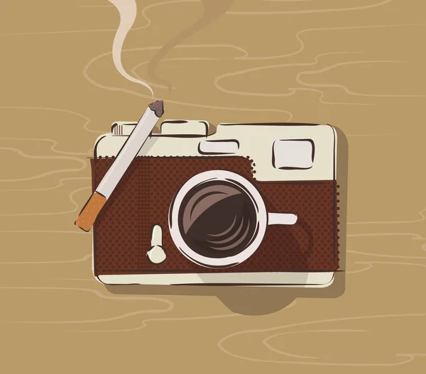 Bögre és cigaretta alkotó retro fényképezőgép — Stock Vector