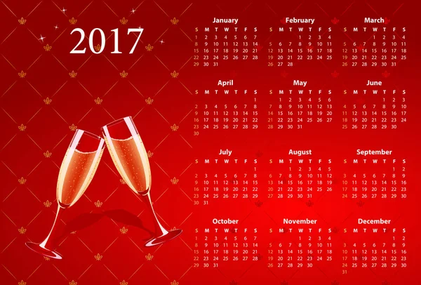 Calendrier rouge avec verres à champagne — Image vectorielle