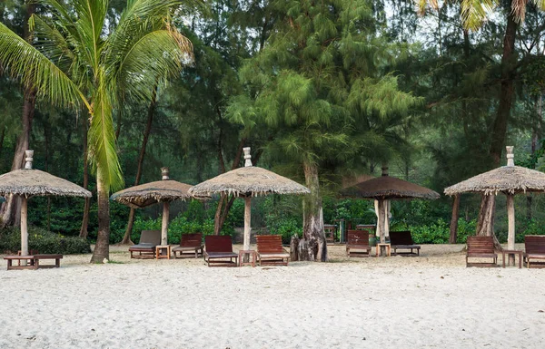 Lounge chairs and sunshade umbrellas on tropical beach.