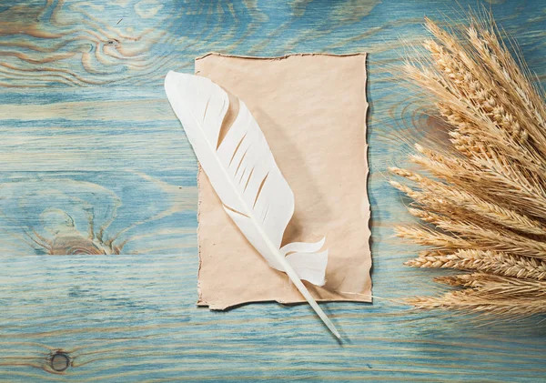 Rye ears with feather and blank paper — Stock Photo, Image