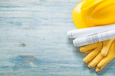 Baret inşaat çizimleri koruyucu eldiven üzerinde woode haddelenmiş
