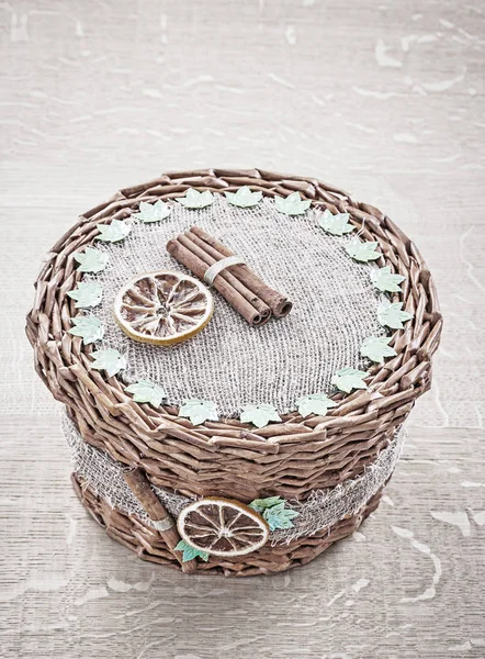 Handmade basket vintage stile on wooden board — Stock Photo, Image
