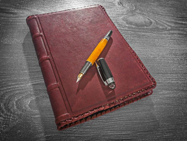 Zobacz na vintage Skórzany notatnik i otwarty wieczne pióro — Zdjęcie stockowe