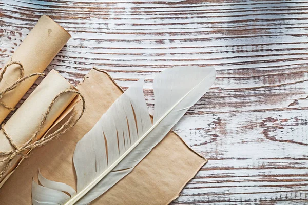 Parchemin médiéval rouleaux de papier ondulé plume sur bois vintage bo — Photo