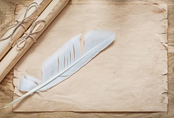 Papel de pergaminho medieval rola pluma em placa de madeira — Fotografia de Stock