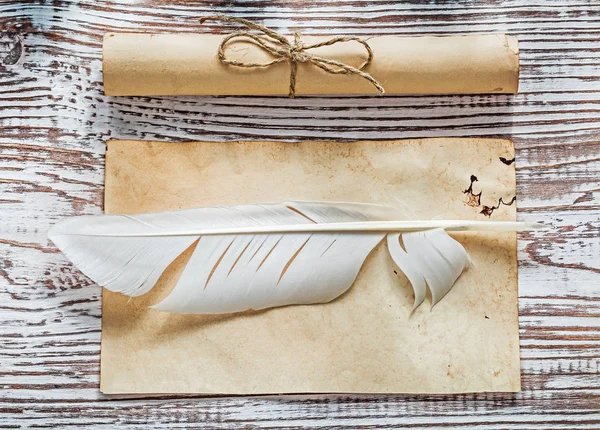 Old blank sheet corded paper rolls quill on vintage wooden board — Stock Photo, Image