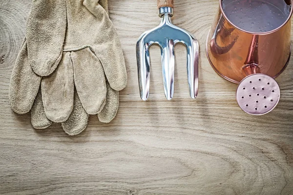 Annaffiatoio vintage può spatola forchetta guanti di sicurezza su tavola di legno a — Foto Stock