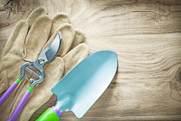 Kožené ochranné rukavice nůžky ruční rýč na dřevěné desce — Stock fotografie