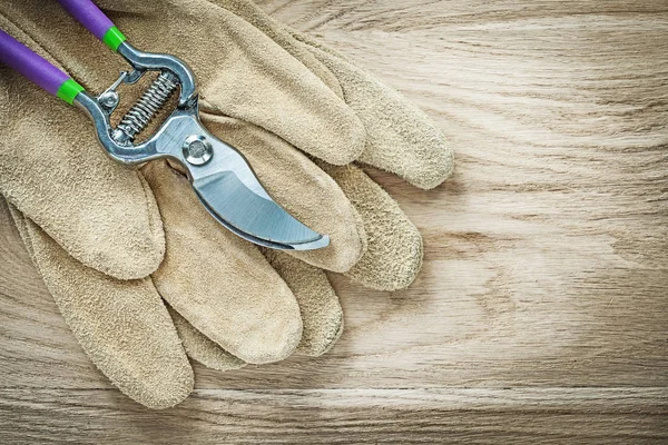 Lederen beschermende handschoenen tuin pruner op houten plank gardenin — Stockfoto