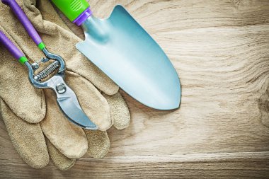 Maça ahşap bo üzerinde deri koruyucu eldiven budama makası ver