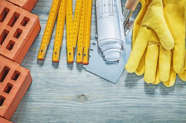 Kırmızı tuğla deri koruyucu eldiven ahşap metre inşaat d