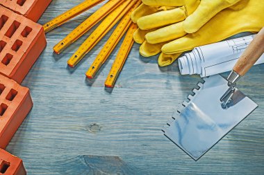 Kırmızı tuğla deri koruyucu eldiven ahşap metre inşaat p