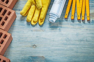 Kırmızı tuğla deri koruyucu eldiven ahşap metre inşaat d