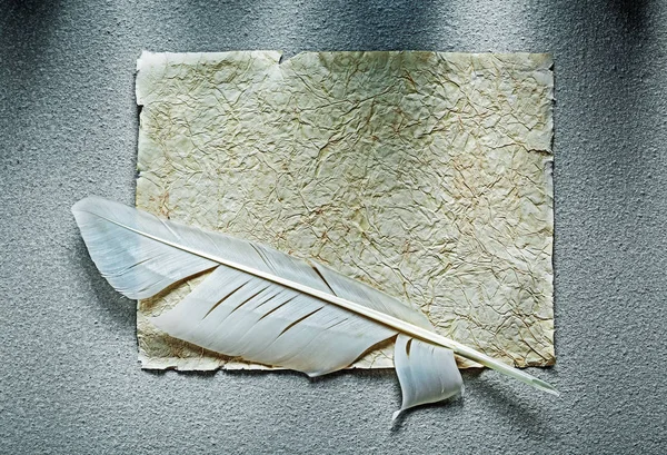 Εκλεκτής ποιότητας τσαλακωμένο χαρτί φύλλο φτερό σε γκρι επιφάνεια — Φωτογραφία Αρχείου