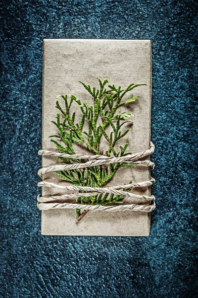 Geschenkschachtel mit Thuja-Ast auf schwarzem Hintergrund Urlaubskonzept — Stockfoto