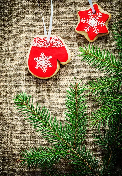 Boom takken kerst gingerbread koekjes op zakken van bac Pine — Stockfoto