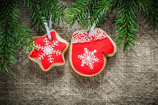 Pine tree branches Christmas gingerbread cookies on sacking back — Stock Photo, Image