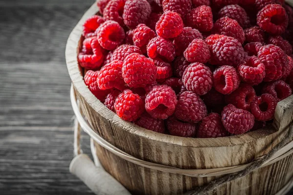 Raspberries in bucket on vintage wooden board close up view — Stock Photo, Image
