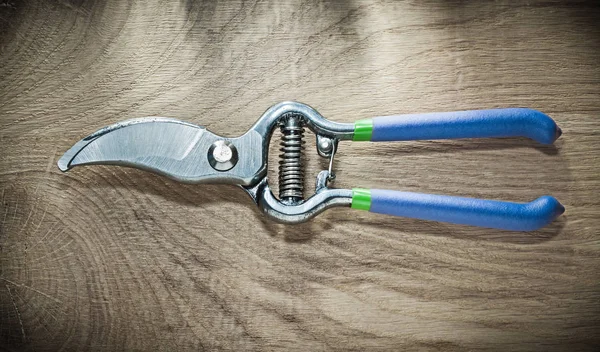 Sharp secateurs on wooden board — Stock Photo, Image