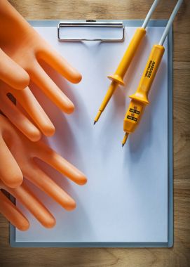 Pano boş kağıt elektrik tester eldiven ahşap üzerine yalıtım 