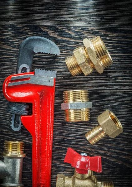 Plumbing adjustable wrench threaded pipe fittings water valve on — Stock Photo, Image