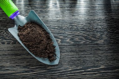 Ahşap tahta Bahçe konsepti üzerine toprak küreği