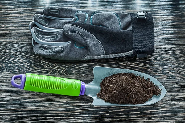 Agriculture shovel soil safety gloves on wooden board — Stock Photo, Image