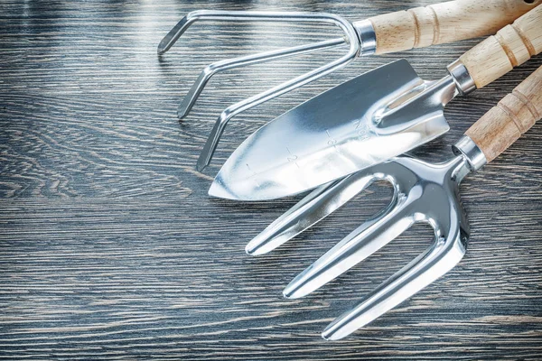 Pala de mano de tenedor de paleta de rastrillo sobre tabla de madera —  Fotos de Stock