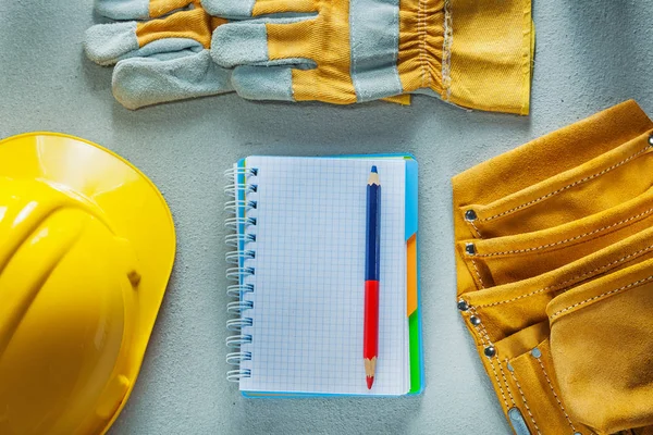 Safety gloves building helmet notebook pencil tool belt measurin