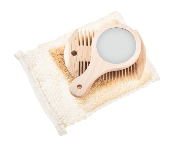 Wooden mirror comb loofah isolated on white — Stock Photo, Image