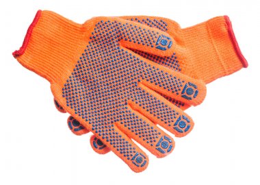 Çift üzerinde beyaz izole turuncu Emanet eldiven