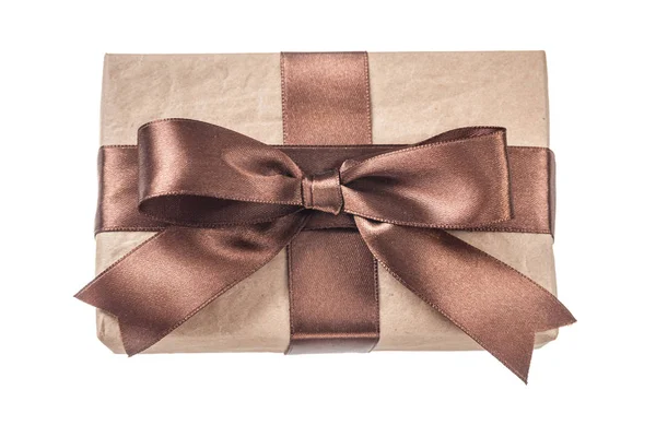 Vintage present box with brown ribbon isolated on white — Stock Photo, Image