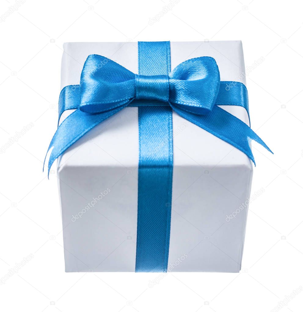 White present box with blue bow isolated on white