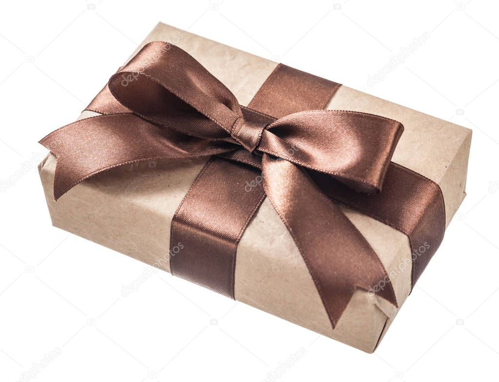 Vintage gift box with brown knot isolated on white