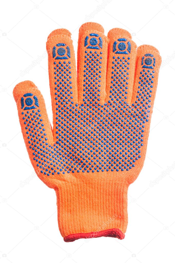 Pair of orange protective gloves isolated on white