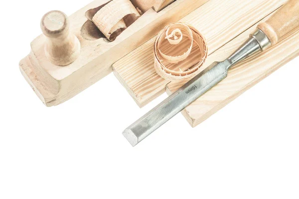 Wooden planks chisel shavings planer isolated on white — Stock Photo, Image