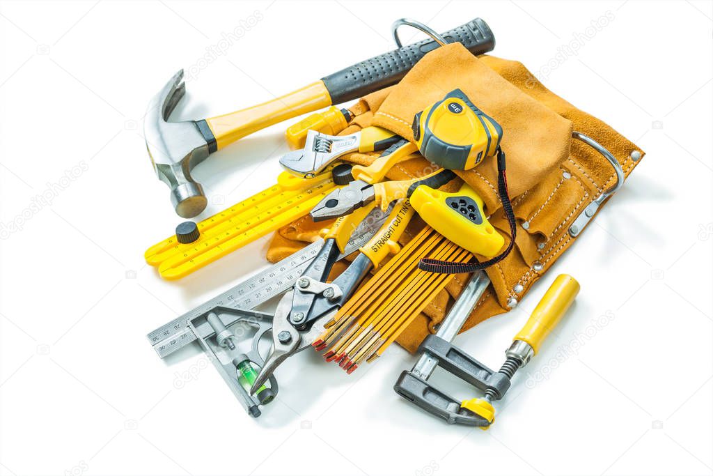 tool belt with construction tools isolated on white background